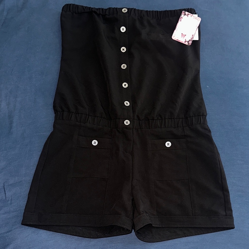 Black Button-Front Strapless Romper Shorts
